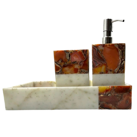 Red Agate with White Marble Bath Set