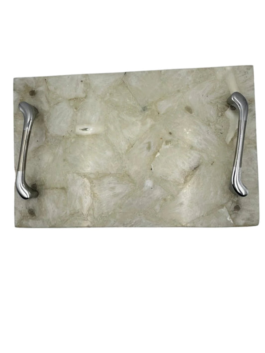 White Agate Tray with Metal Handle
