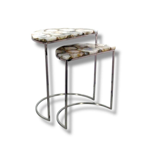 White Agate D Shape Nesting Table